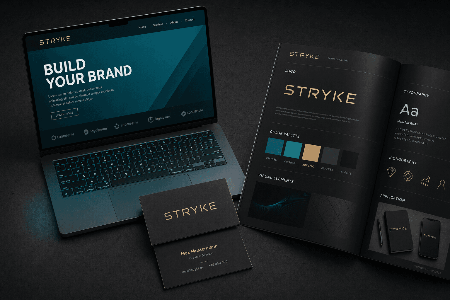 Das Brand-Paket von STRYKE Marketing — Logo, Farbwelt und Typografie als System
