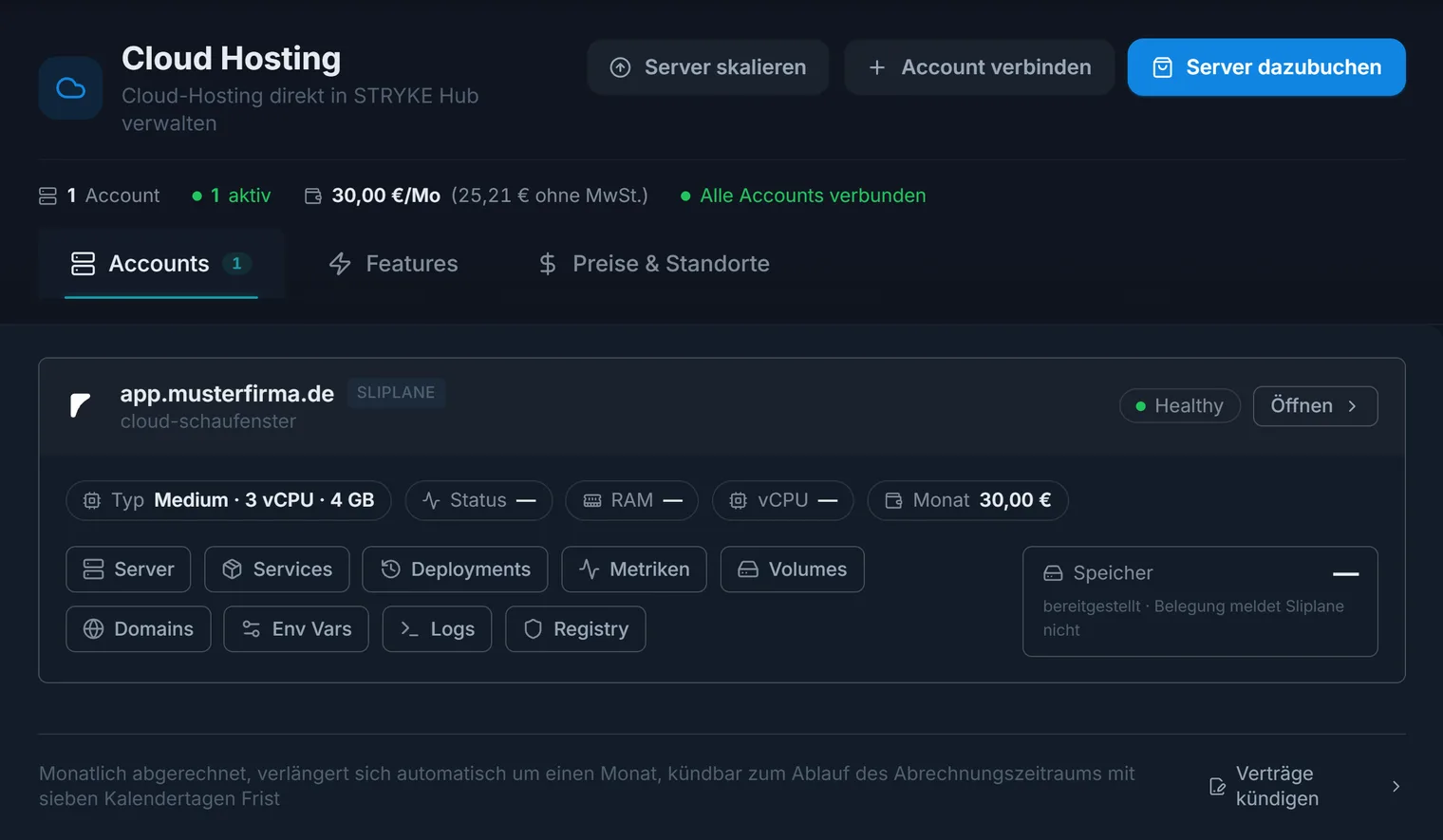 Der Cloud-Bereich mit den verbundenen Accounts