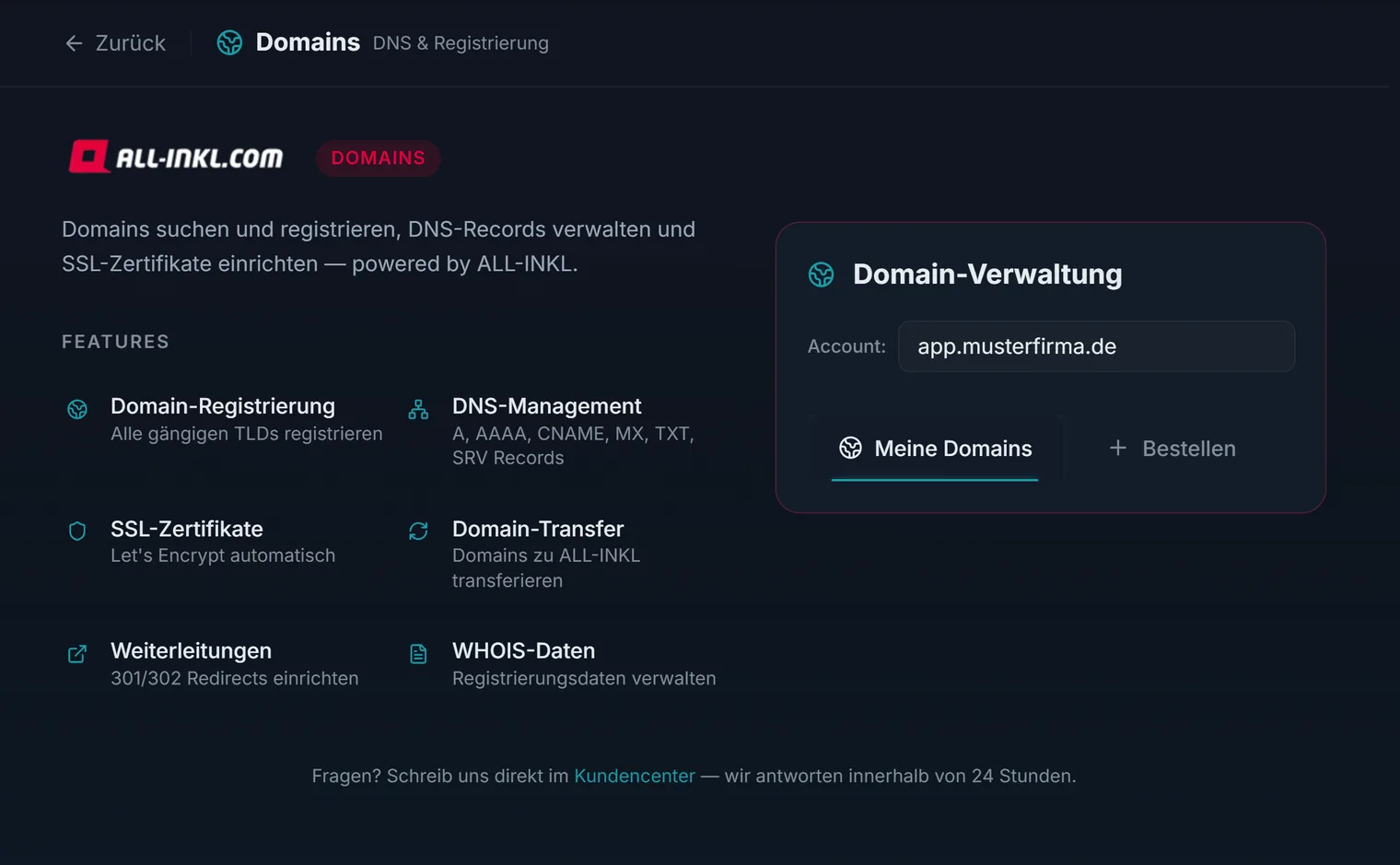 Der Domain-Bereich im Hub