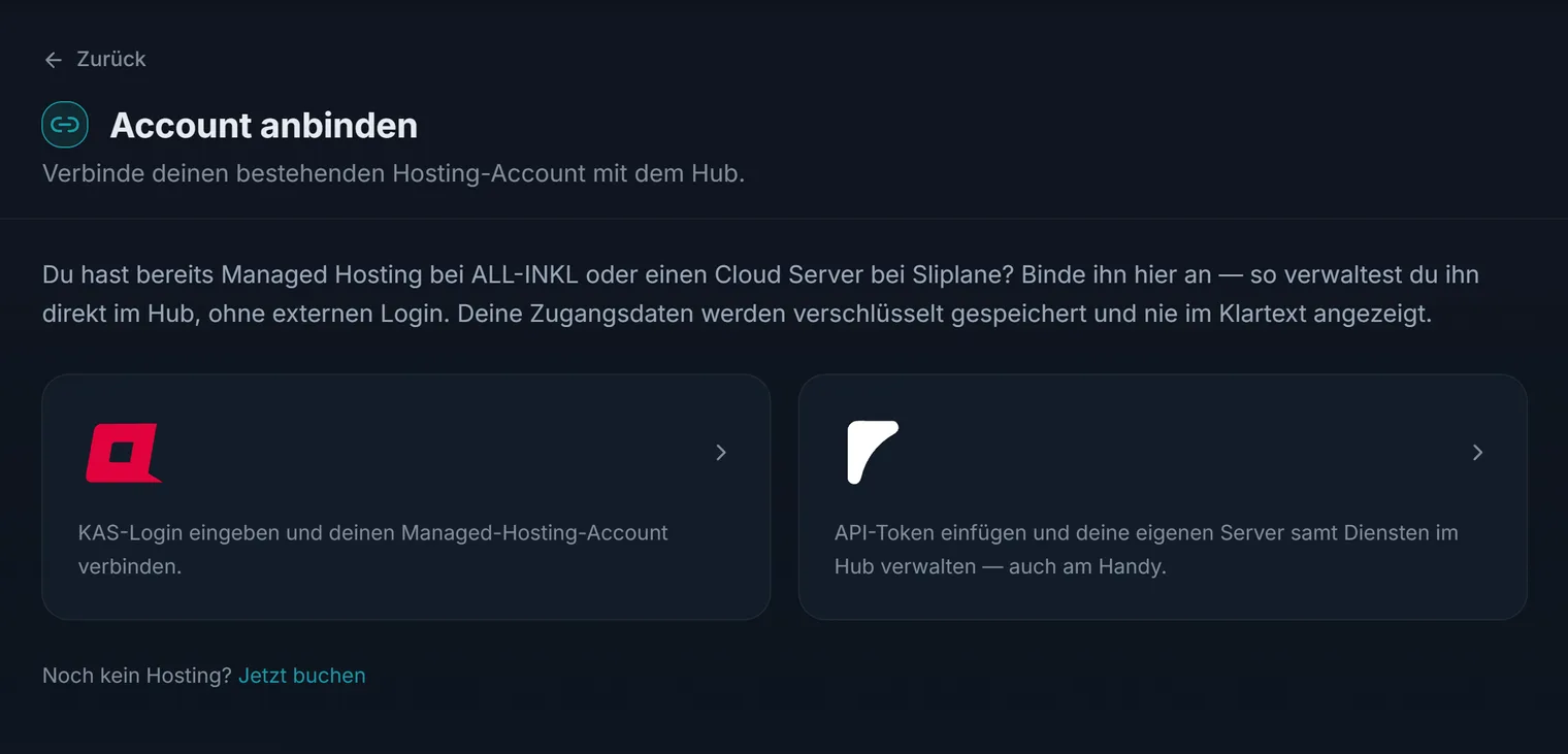 Die Auswahl beim Anbinden eines bestehenden Accounts