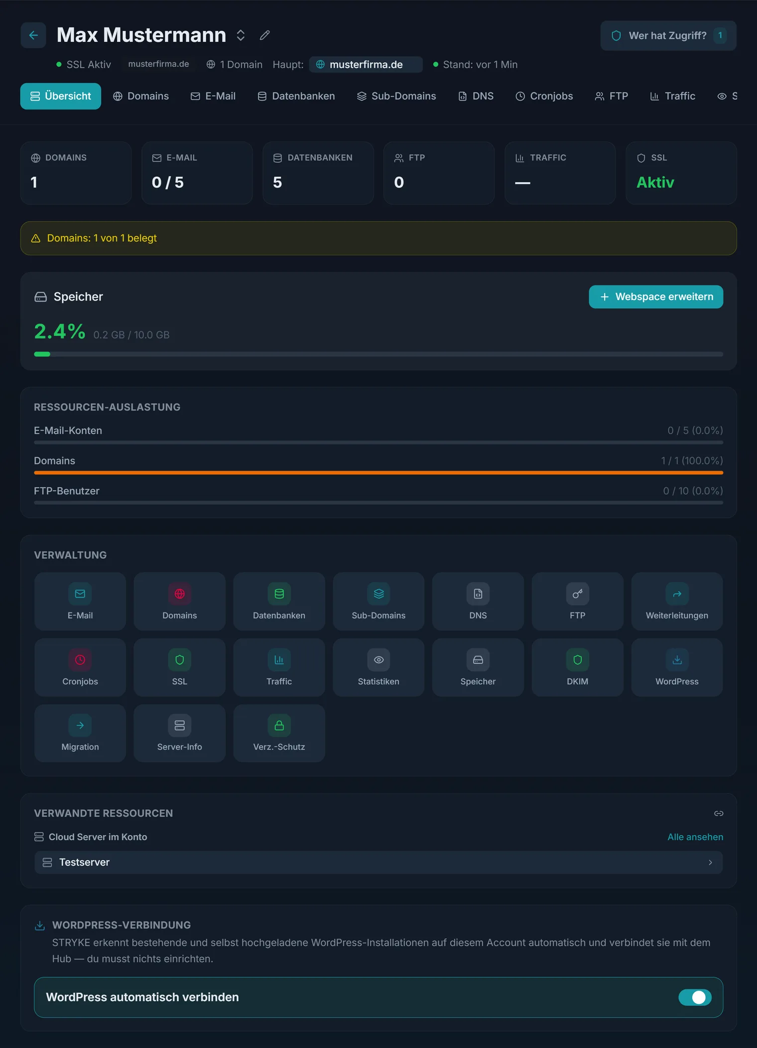Die Übersichtsseite eines Hosting-Pakets