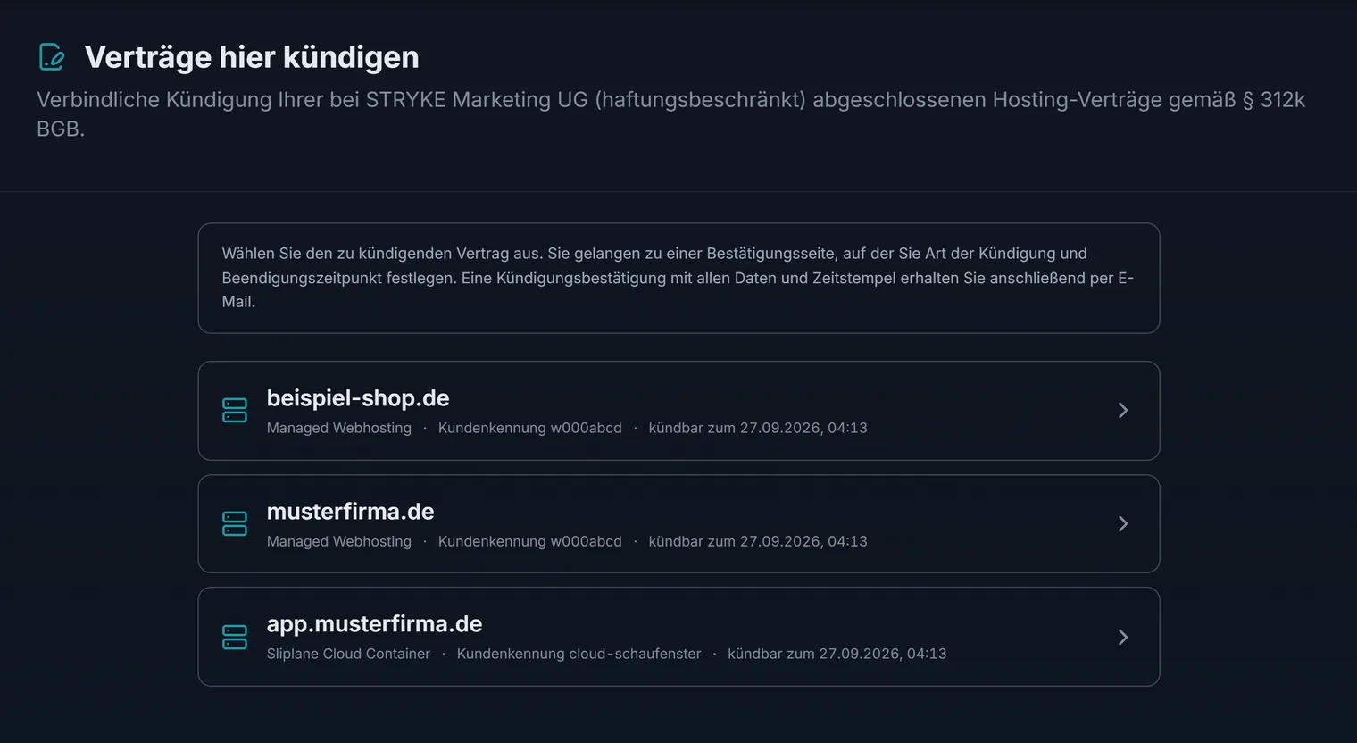 Die Kündigungsseite mit allen laufenden Verträgen