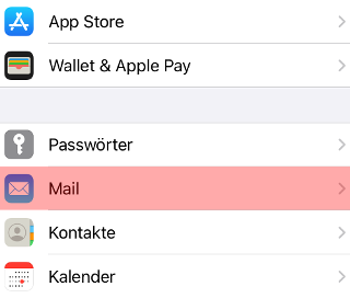 Die iOS-Einstellungen mit dem Eintrag „Mail"