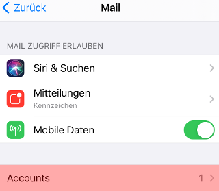 Die Mail-Einstellungen mit dem Eintrag „Accounts"
