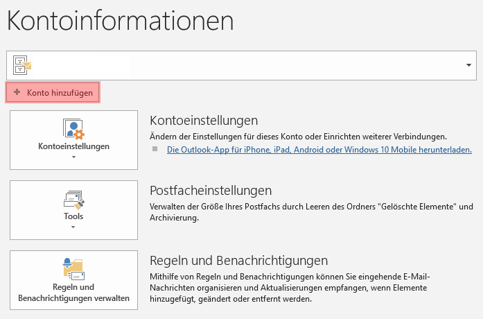 Outlook: die Kontoinformationen mit der Schaltfläche „Konto hinzufügen"