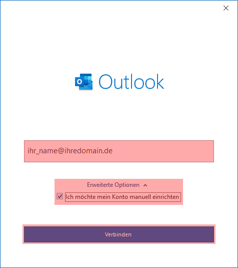 Outlook: E-Mail-Adresse eintragen, „Erweiterte Optionen" aufklappen und „Ich möchte mein Konto manuell einrichten" ankreuzen