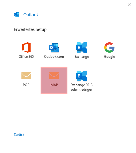 Outlook: die Auswahl der Kontotypen mit IMAP