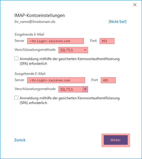 Outlook: Servernamen, Ports 993 und 465 und die Verschlüsselungsmethode SSL/TLS