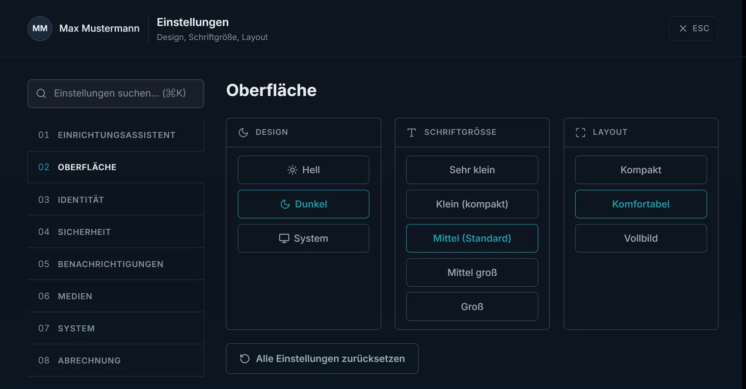 Die Einstellungen des Hub mit ihren acht Bereichen