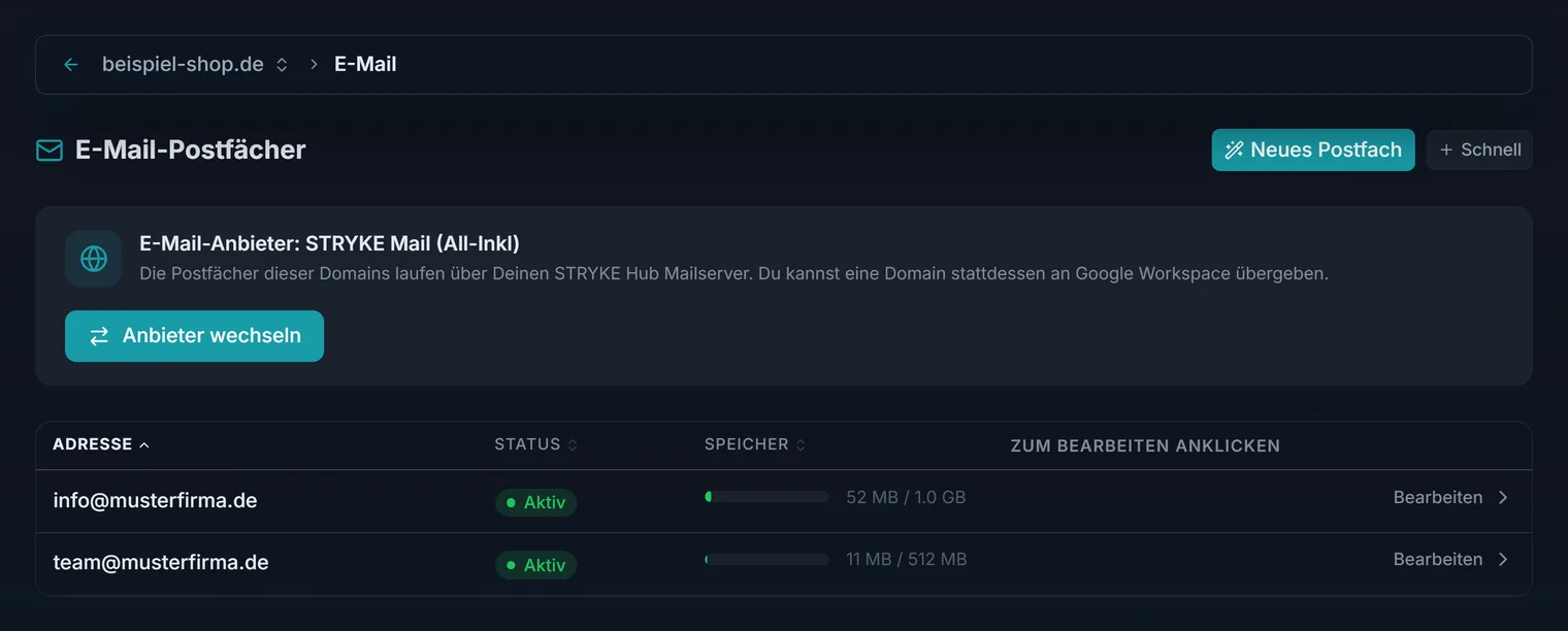 Die Postfächer eines Hosting-Pakets