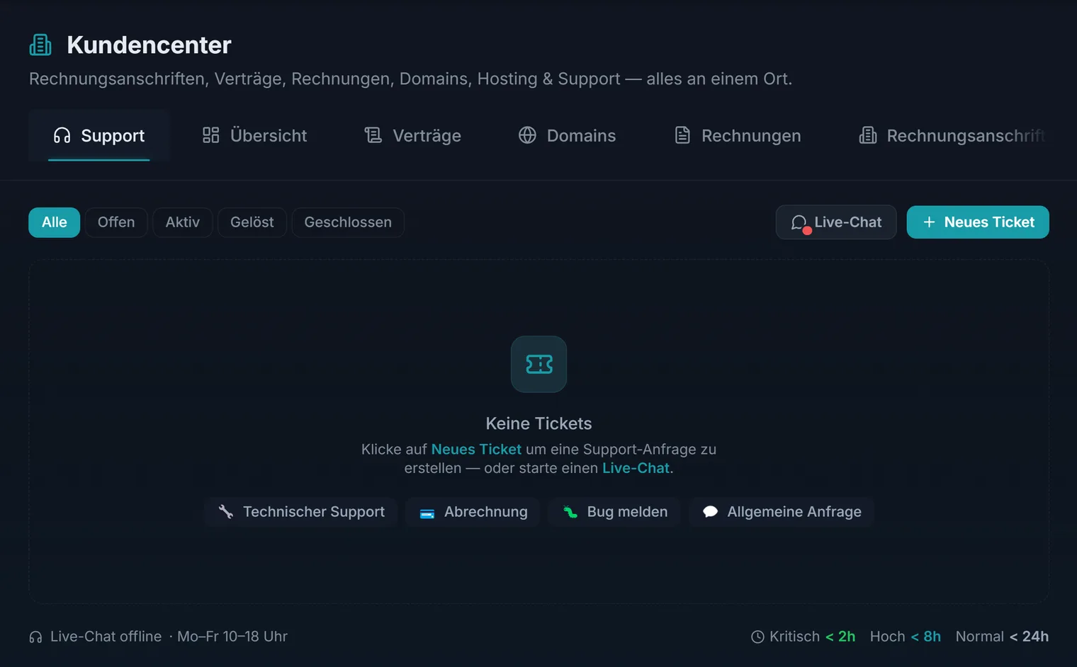 Der Support-Bereich mit Tickets und Live-Chat