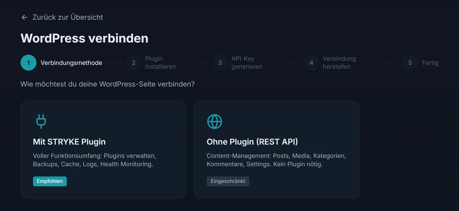 Der Assistent zum Verbinden einer WordPress-Seite