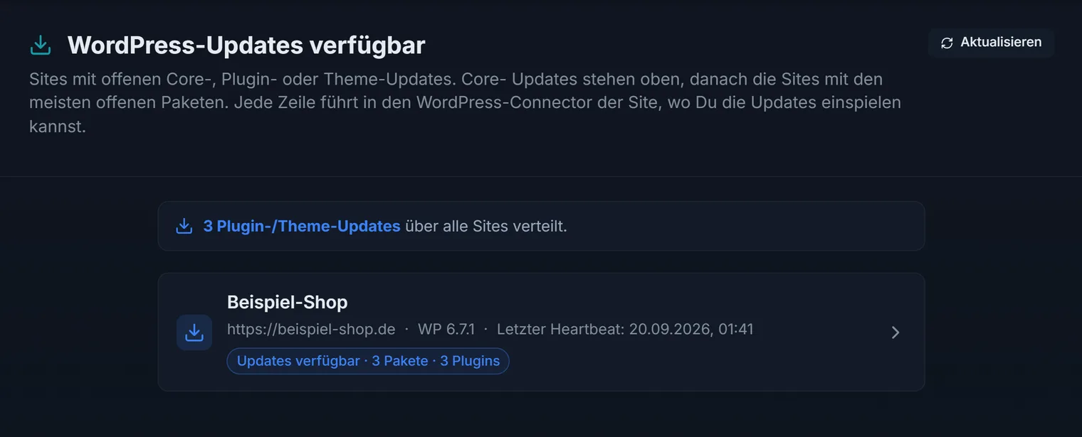 Die Update-Übersicht über alle Seiten